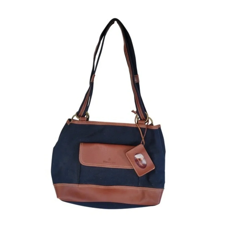 Etienne Aigner Canvas Shoulder Tote Bag Purse Navy Blue Brown‎